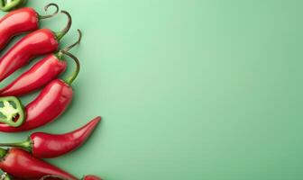 Top view of hot peppers scattered on a pastel green background photo
