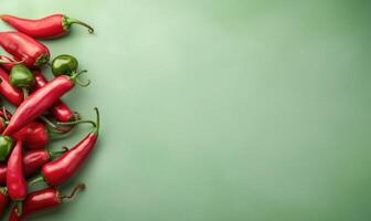 Top view of hot peppers scattered on a pastel green background photo
