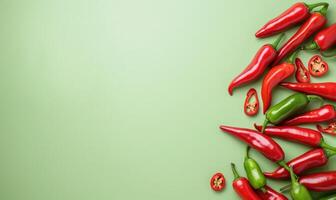 Top view of hot peppers scattered on a pastel green background photo