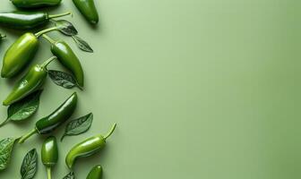 Top view of hot peppers scattered on a pastel green background photo