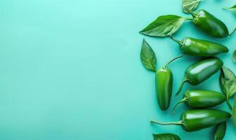 Top view of hot peppers scattered on a pastel blue background photo