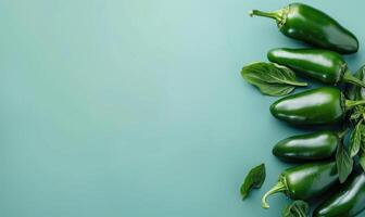 Top view of hot peppers scattered on a pastel blue background photo