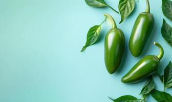 Top view of hot peppers scattered on a pastel blue background photo