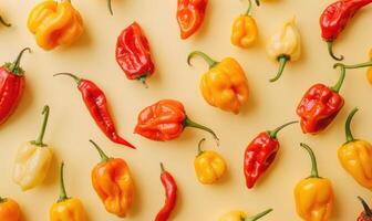 Top view of hot peppers on a pastel yellow background photo