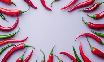 Top view of hot peppers scattered on a purple background photo