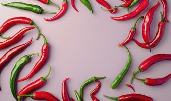 Top view of hot peppers scattered on a purple background photo