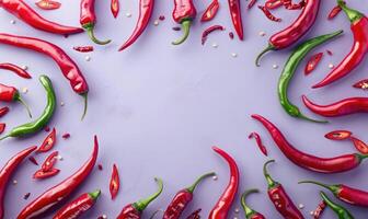 Top view of hot peppers scattered on a purple background photo