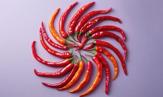 Top view of hot peppers scattered on a purple background photo