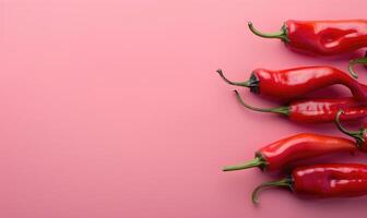 Top view of colorful peppers on a pink background photo