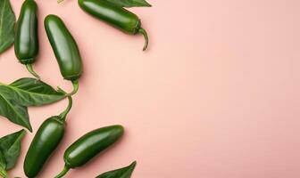 Top view of colorful peppers on a pink background photo