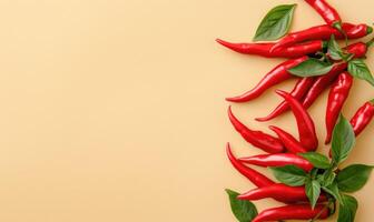 Top view of hot peppers on a pastel yellow background photo