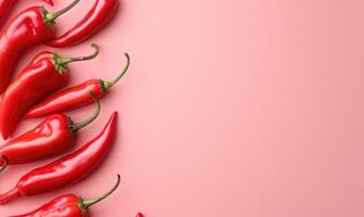 Top view of colorful peppers on a pink background photo