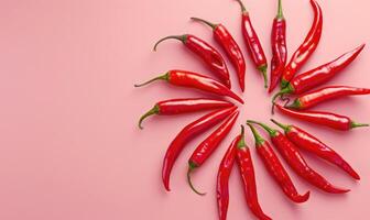 Top view of a mixed chili peppers, arranged in a sunburst pattern on a pink background photo