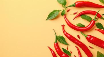 Top view of hot peppers on a pastel yellow background photo