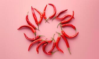 Top view of a mixed chili peppers, arranged in a sunburst pattern on a pink background photo
