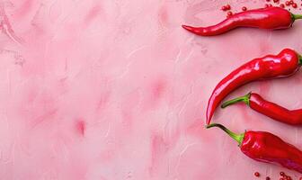 Top view of a hot peppers placed on a pink background photo