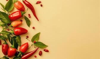 Top view of hot peppers on a pastel yellow background photo