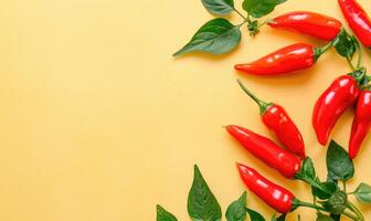 Top view of hot peppers on a pastel yellow background photo