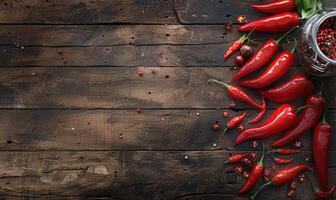 Top view of hot peppers on a rustic wooden board photo