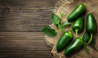 Top view of hot peppers on a rustic wooden board photo