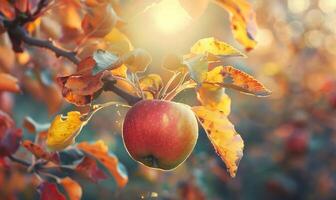 Apple on a branch with autumn colors in the background photo