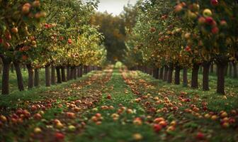 Apple orchard with rows of apple trees fallen apples on the ground photo