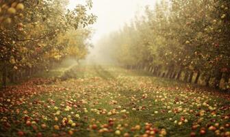 Apple orchard with rows of apple trees fallen apples on the ground photo