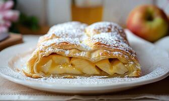 Apple strudel with powdered sugar on top photo