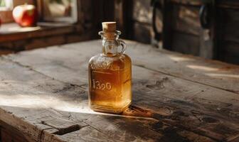 Apple syrup in a bottle with a wooden stopper on a rustic table photo