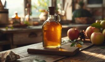 Apple syrup in a bottle with a wooden stopper on a rustic table photo