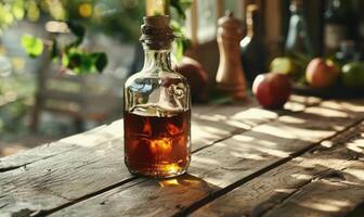 Apple syrup in a bottle with a wooden stopper on a rustic table photo