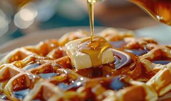 Apple syrup drizzled over waffles with a pat of butter photo