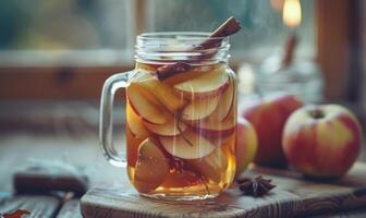 Apple syrup in a mason jar with fresh apples and a cinnamon stick photo