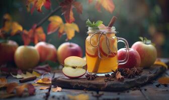 Apple syrup in a mason jar with fresh apples and a cinnamon stick photo