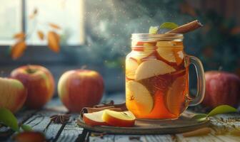 Apple syrup in a mason jar with fresh apples and a cinnamon stick photo