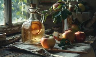 Apple syrup in a rustic bottle with a wooden spoon and fresh apples photo