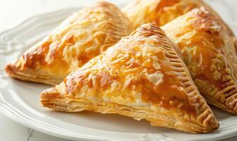 Apple turnovers with a golden on a white plate photo