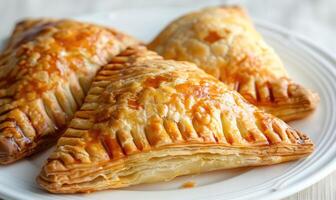 Apple turnovers with a golden on a white plate photo
