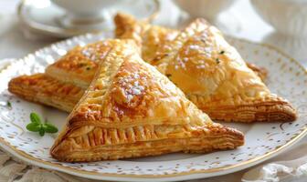 Apple turnovers with a golden on a white plate photo