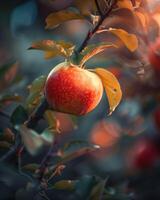 Apple with a bit of sunlight filtering through the leaves photo