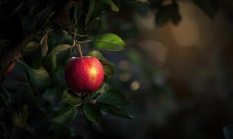 Apple with a bit of sunlight filtering through the leaves photo