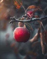 Apple with a slight blush of red on a branch, early morning light photo
