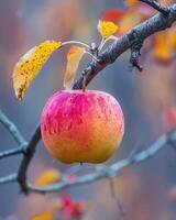 Apple with a slight blush of red on a branch, early morning light photo