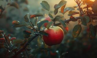 Apple with a slight blush of red on a branch, early morning light photo