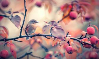 Apple with a small bird perched on the branch photo