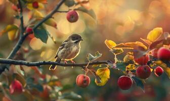 Apple with a small bird perched on the branch photo