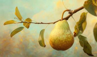 Close-up of a pear with a smooth surface on a branch photo