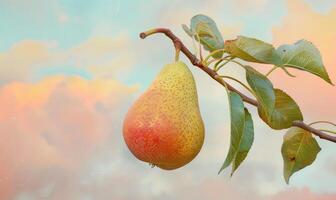 Close-up of a pear with a smooth surface on a branch photo