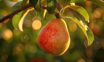 Close-up of a pear with a touch of red on a branch photo
