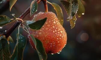 Close-up of a pear with water droplets on a branch photo